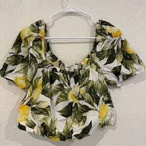 H&M Floral Puff Sleeve Crop Top - Green and Yellow